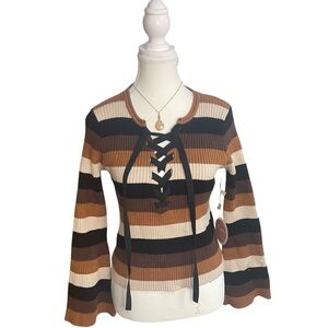 Show Me Your MuMu Striped Lace-Up Sweater - Brown, Black, Cream